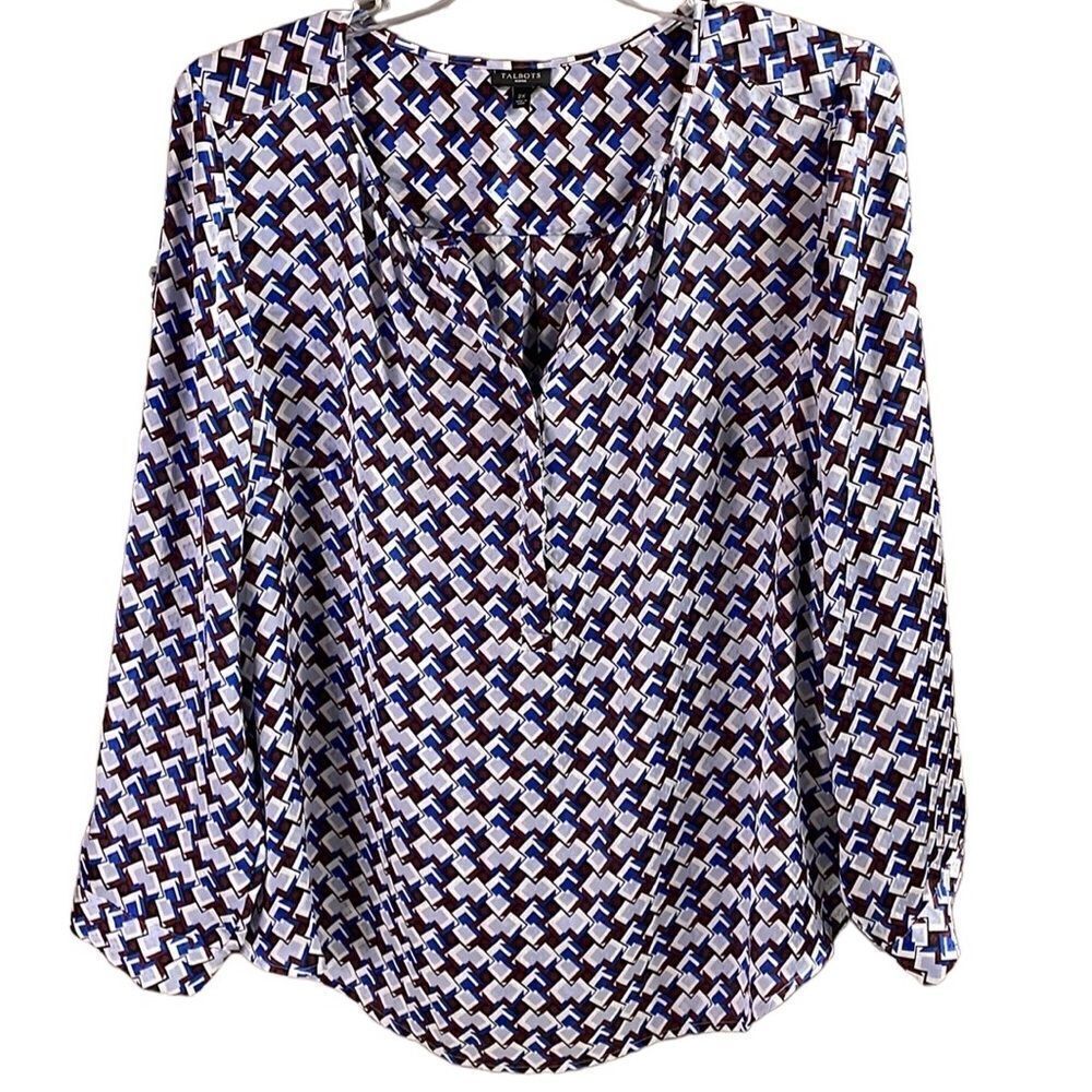 Talbots Women's Plus Size 2X V-Neck Patterned Semi Sheer Blouse White Blue